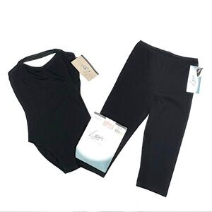 Leo’s Dancewear Black Large Halter Leotard + Capri Leggings +Pink Tights New NWT
